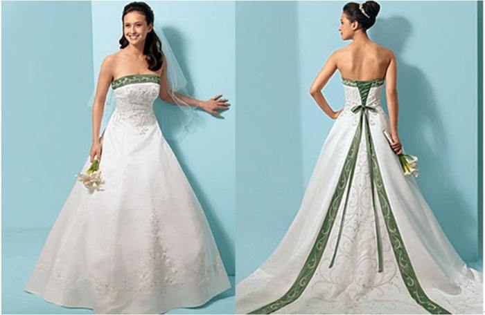 White and emerald green wedding dresses