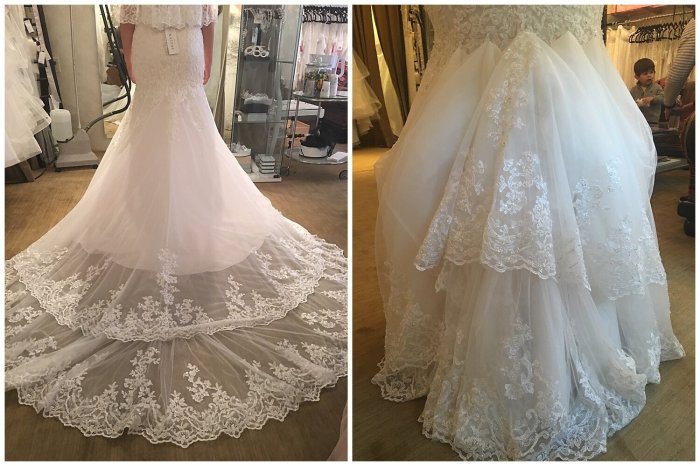 Before and after ballroom bustle wedding dress