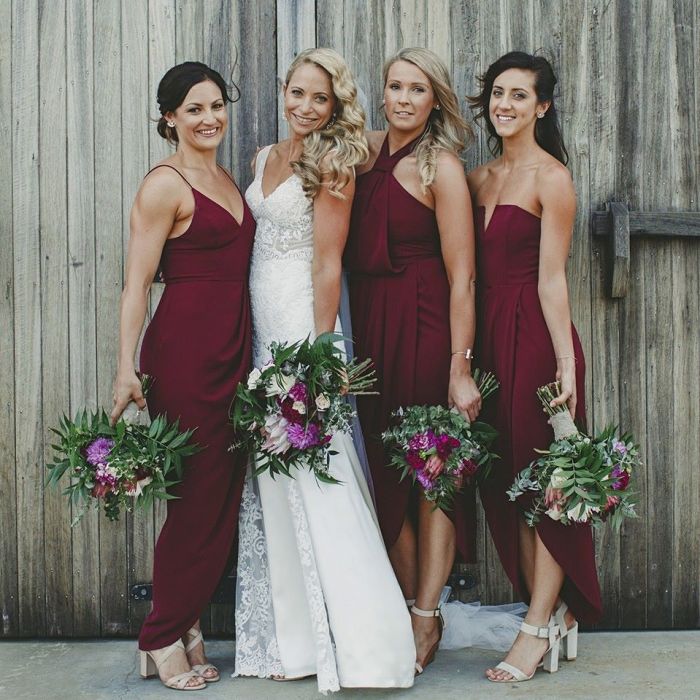 Wine colored wedding guest dress